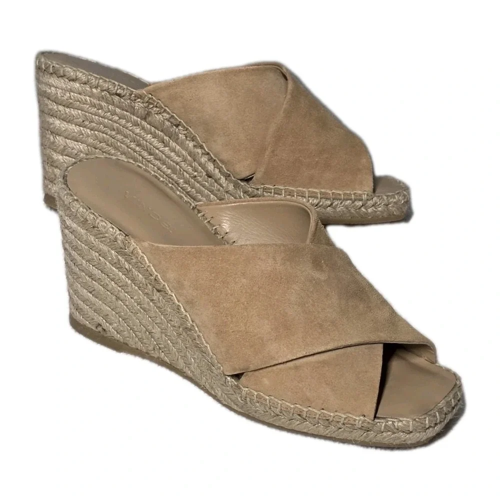 Vince Espadrille Wedge Sandal Size 6 M Suede Leather Tan